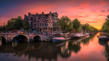 обоя города, амстердам , нидерланды, канал, мост, закат