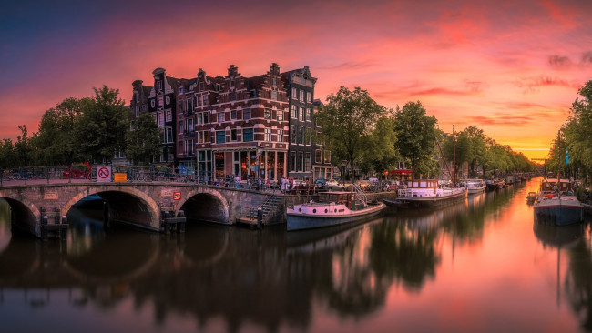 Обои картинки фото города, амстердам , нидерланды, канал, мост, закат