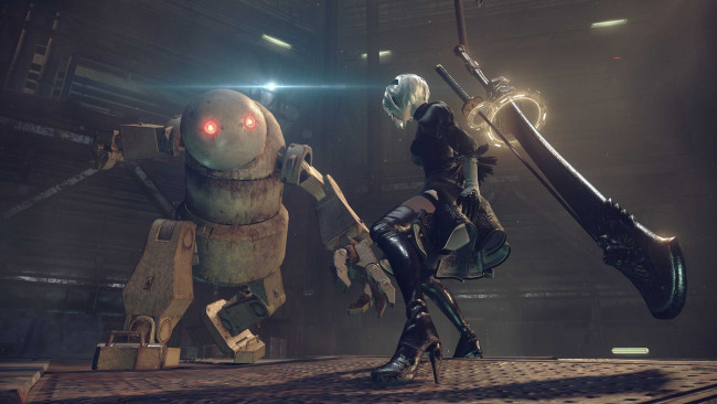 Обои картинки фото видео игры, nier,  automata, 2в, андроид, девушка, мечи, робот, бой