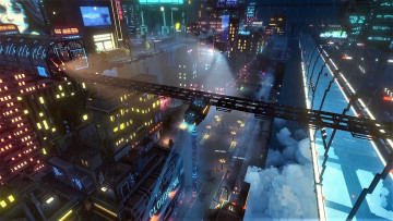 обоя видео игры, cloudpunk, будущее, город, огни, дождь, транспорт
