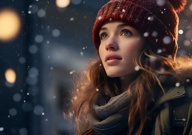 Обои картинки фото девушки, - рыжеволосые и разноцветные, рыжие, волосы, шапочка, снег