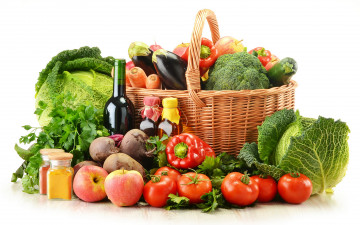 обоя еда, фрукты, овощи, вместе, яблоки, мед, перец, томаты, помидоры, капуста, зелень