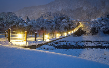 Картинка природа зима огни мост речка снег