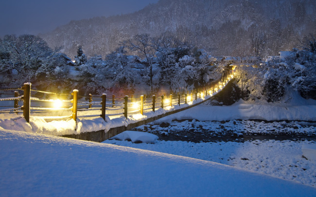 Обои картинки фото природа, зима, огни, мост, речка, снег