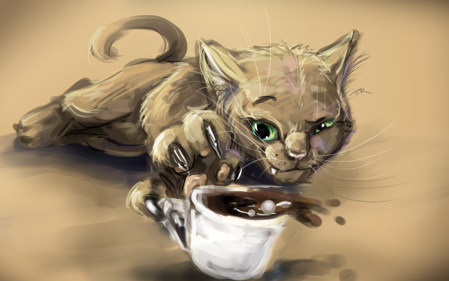 Обои картинки фото рисованные, животные, коты, кофе, кот, чашка