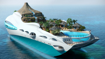 обоя ‘tropical, island, paradise’, superyacht, корабли, 3d, суперяхта, море