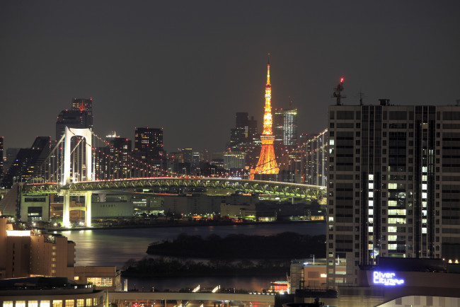 Обои картинки фото остров, odaiba, tokyo, города, токио, Япония, дома, море, ночь, огни