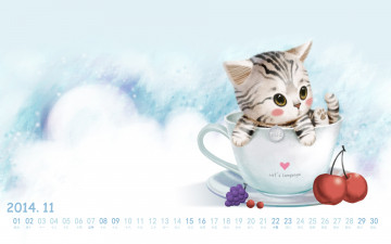 обоя календари, рисованные,  векторная графика, кот, чашка, ягоды