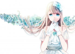 Картинка аниме unknown +другое длинные волосы перчатки цветы голубые глаза белый фон белое платье девочка