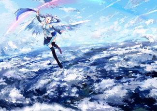 Картинка аниме vocaloid радость настроение hatsune miku вокалоид небо полет крылья девушка ume art