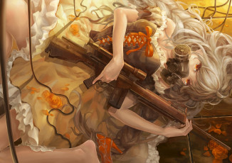Картинка аниме оружие +техника +технологии лепестки лента респиратор piyotama девушка розы цветы винтовка платье провода