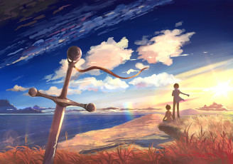 Картинка аниме оружие +техника +технологии арт hangmoon парни закат океан меч небо облака трава солнце