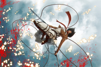 Картинка аниме shingeki+no+kyojin shingeki no kyojin mikasa ackerman fan art вторжение гигантов военная форма кровь брызги клинки привод прыжок шарф небо