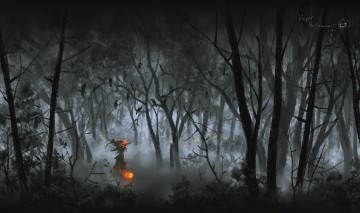Картинка аниме магия +колдовство +halloween арт фонарь природа деревья шляпа лес девушка seeker halloween