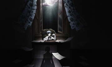 обоя аниме, kuroshitsuji, ciel, phantomhive, открытое, окно, занавески, полнолуние, трость, кресло, тень, бумага, приказ