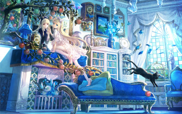 Картинка аниме животные +существа зеркало девочка книги яблоки кошки отражение часы бабочки фигуры