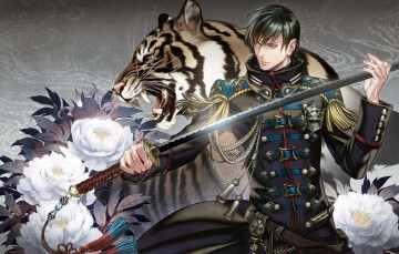 Картинка аниме оружие +техника +технологии цветы тигр форма катана меч мужчина