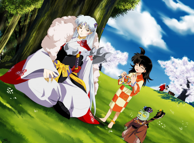 Обои картинки фото аниме, inuyasha, арт, сешимару, природа, джакен, рин