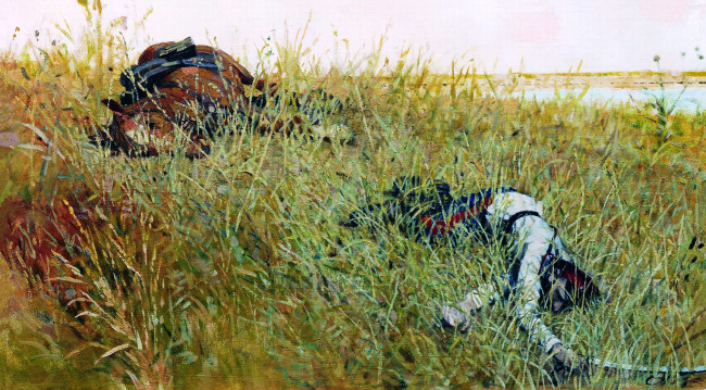 Обои картинки фото гавриляченко сергей - убитый, рисованное, живопись, сабля, трупы, казак, конь, лошадь, луг, трава