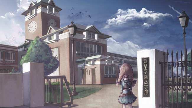 Обои картинки фото аниме, город,  улицы,  здания, косички, девочка, часы, школа, здание