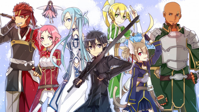 Обои картинки фото аниме, sword art online, jianmo, sl, sword, art, online, sao, klein, yui, lisbeth, yuuki, asuna, kirigaya, kazuto, kirito, leafa, silica, pina, agil, парни, девушки, герои, взгляд, оружие, меч, снежинки