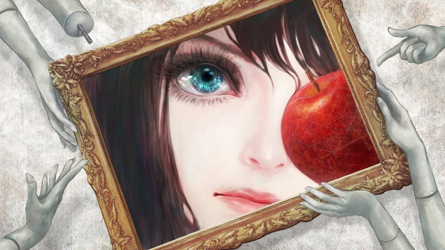 Обои картинки фото аниме, unknown,  другое, яблоко, фрукт, глаз, afostar, девушка, мозаика, манекен, рука, рама