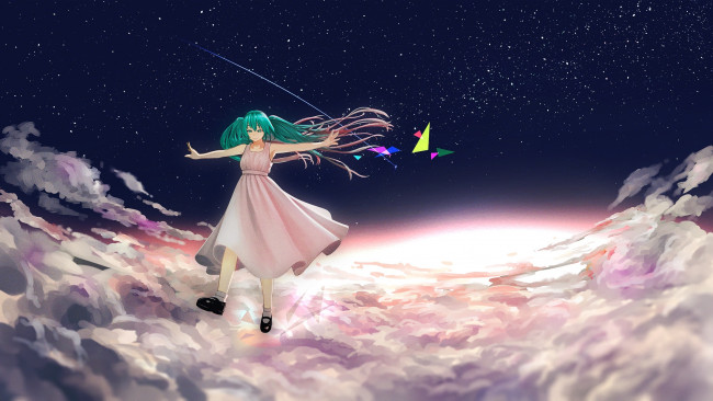 Обои картинки фото аниме, vocaloid, небо, облака, звезды, yue, арт, закат, hatsune, miku, девушка, yueanh