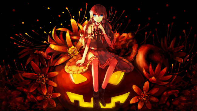 Обои картинки фото аниме, touhou, dead, line, kirisame, marisa, тыква, парздник, арт, девушка, цветы, хеллоуин