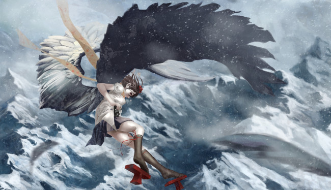 Обои картинки фото аниме, touhou, горы, крылья, перья, ветер, снег, метель, фотоаппарат, девушка, shameimaru, aya