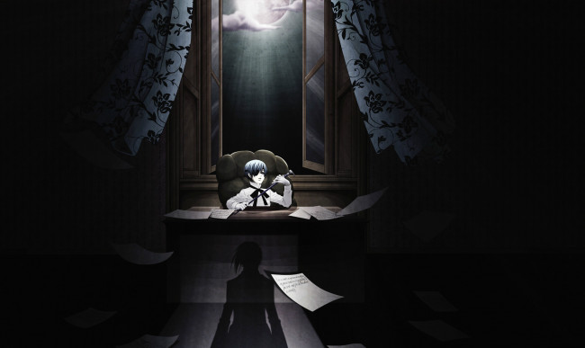 Обои картинки фото аниме, kuroshitsuji, ciel, phantomhive, открытое, окно, занавески, полнолуние, трость, кресло, тень, бумага, приказ