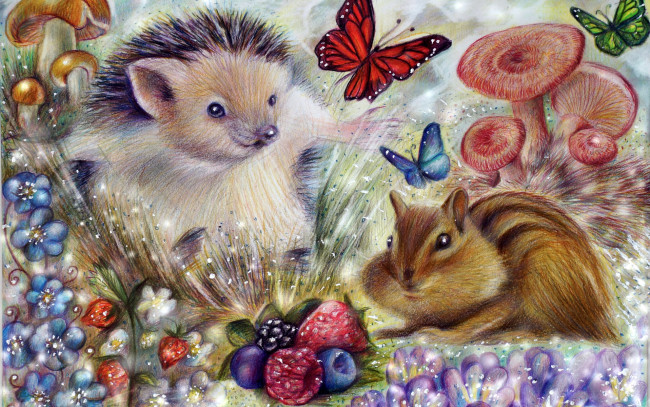 Обои картинки фото рисованное, животные, природа, цветы, ягоды, грибы, бабочка, бурундук, ёжик, арт, ёж, живопись