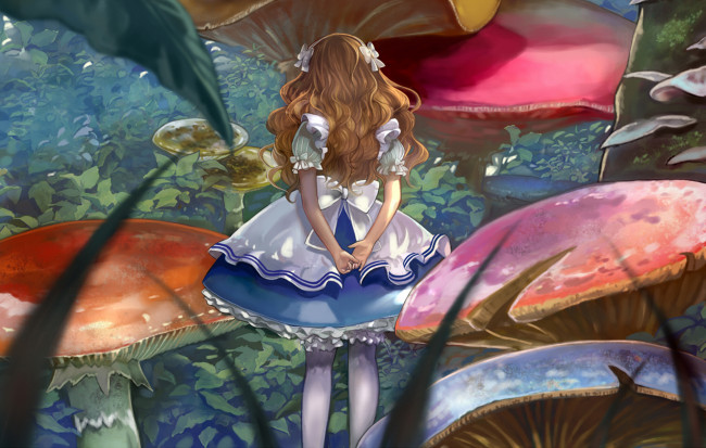 Обои картинки фото аниме, alice in wonderland, бантики, грибы, девочка, алиса, alice, in, wonderland