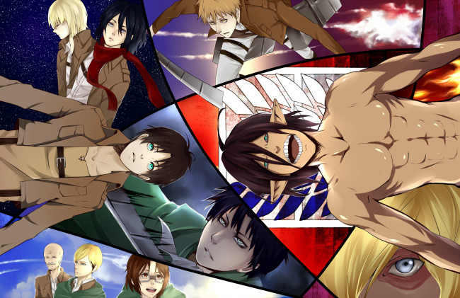Обои картинки фото аниме, shingeki no kyojin, персонажи, атака, титанов, коллаж, арт