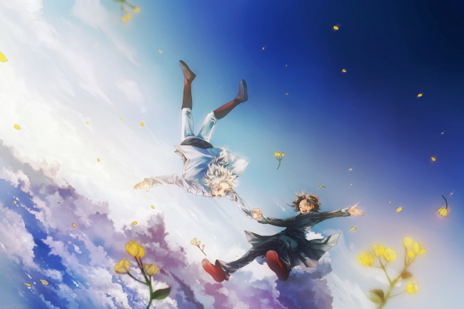 Обои картинки фото аниме, unknown,  другое, арт, asano, moi, source, request, парни, небо, облака, полёт, цветы
