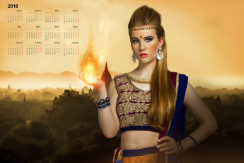 Картинка календари фэнтези взгляд 2018 девушка украшения природа огонь