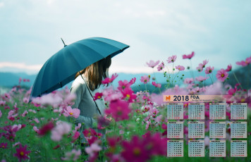 обоя календари, девушки, 2018, цветы, зонт, профиль