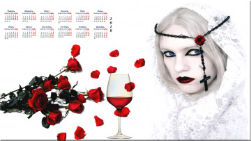 обоя календари, компьютерный дизайн, бокал, девушка, крест, роза, взгляд, 2018