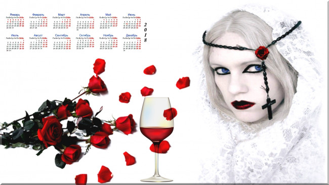 Обои картинки фото календари, компьютерный дизайн, бокал, девушка, крест, роза, взгляд, 2018