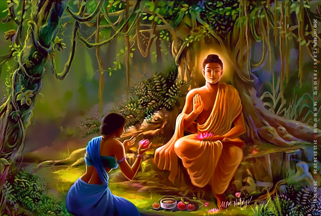 Обои картинки фото календари, фэнтези, девушка, будда, calendar, 2019, молитва, растение, дерево, бог