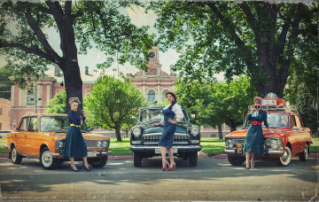 Картинка автомобили -авто+с+девушками ретро девушки стиляги газ 21 москвич лада ваз 2103
