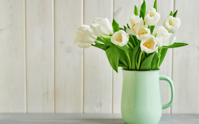 Обои картинки фото цветы, тюльпаны, кувшин, бутоны, белые