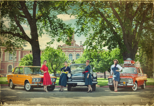 Обои картинки фото автомобили, -авто с девушками, ретро, девушки, стиляги, газ, 21, москвич, лада, ваз, 2103