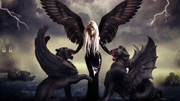 Картинка фэнтези фотоарт ангел крылья гарпия чёрный взгляд