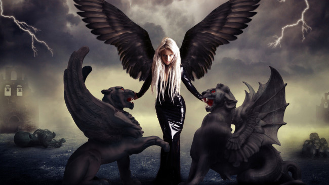 Обои картинки фото фэнтези, фотоарт, ангел, крылья, гарпия, чёрный, взгляд