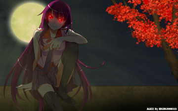 Картинка bakemonogatari аниме senjougahara+hitagi девушка форма инструменты степлер луна полнолуние ночь дерево листья