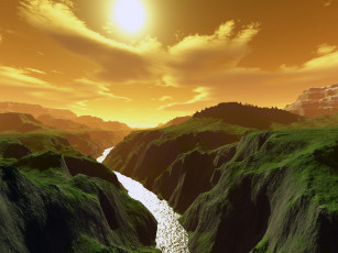 Картинка 3д графика nature landscape природа река горы закат