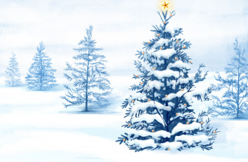 обоя праздничные, рисованные, елка, снег, новый, год, зима
