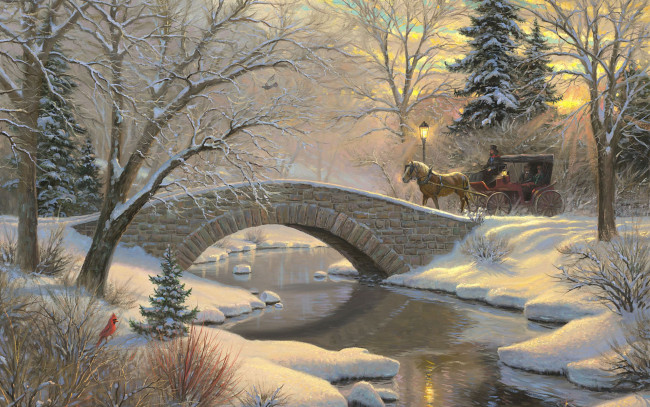 Обои картинки фото mark, keathley, рисованные, карета, река, лошадь, снег, деревья, мост, зима