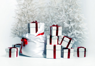 Картинка праздничные подарки+и+коробочки елки мешок коробки подарки ленты банты
