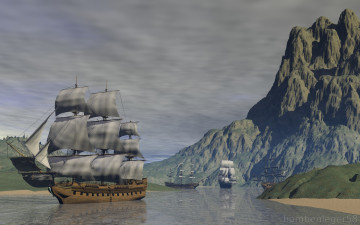 Картинка корабли 3d горы парусники